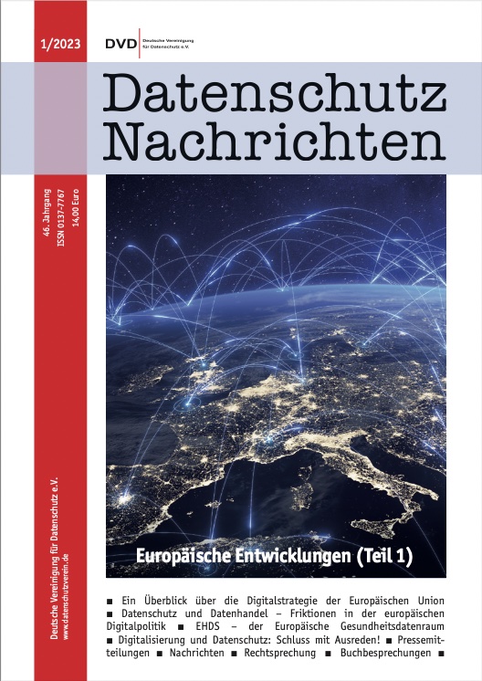 Titelbild der DANA-Ausgabe 1/2023, Schwerpunktthema "Europäische Entwicklungen (Teil 1)", zu sehen ist ein Satelliten-Foto von Europa aus dem All mit vielen blau leuchtenden Verbindungs-Strahlen zwischen den Städten